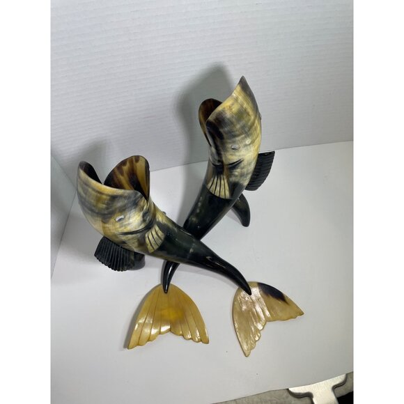 Large Hand-Carved Horn Fish Figurines Pair - Natural Polished Finish - Unique De - Picture 4 of 10